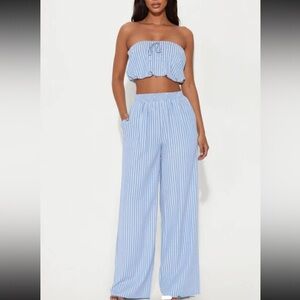 Fashion Nova Blue Striped Strapless Pants Set